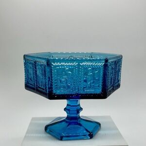 Vintage IMPERIAL Springerle #618 Aqua Blue Pedestal Candy Dish No Lid 6 Sided